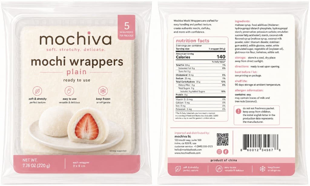 Mochiva mochi wrappers packaging — front and back